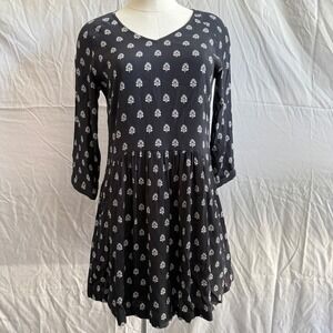 Garnet Hill Print‎ Dress V-Neck 3/4 Sleeve Casual Black Dress Size 02